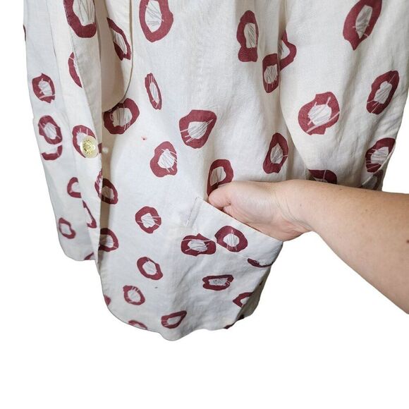 Vintage 80s Geometric Boyfriend Blazer Jacket Womens Size XL White Red Linen - Picture 2 of 9